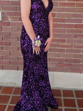 Sequin V-Neck Purple Evening Gown